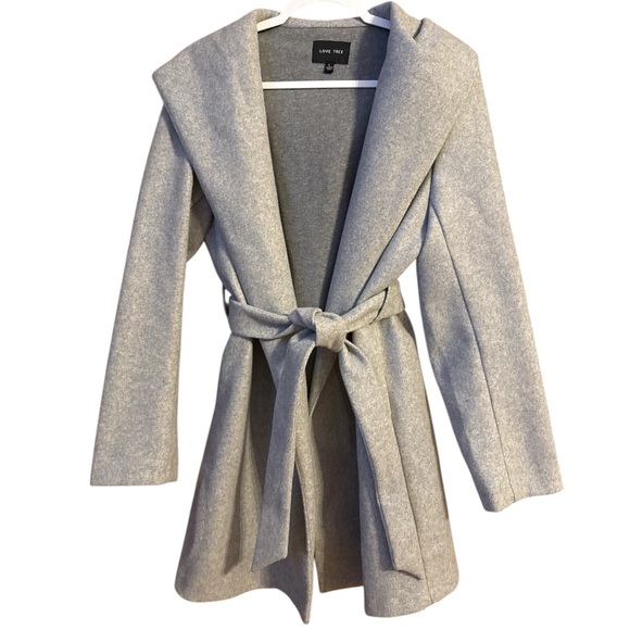 Love Tree Gray Hooded Belted Wrap Coat Minimalist Longline Jacket Size L - Picture 3 of 11